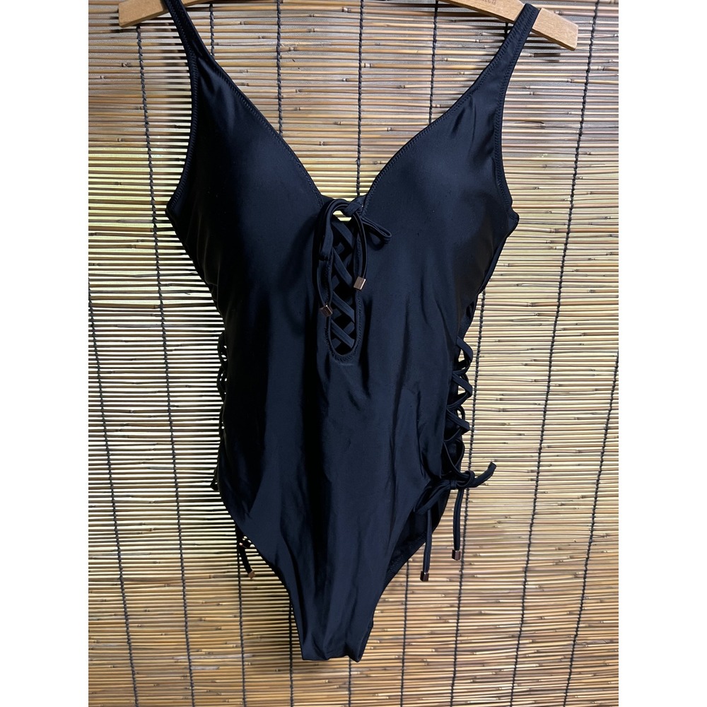 Bar III Black Lace Up One Piece Swimsuit Side Tie V-Neck Small